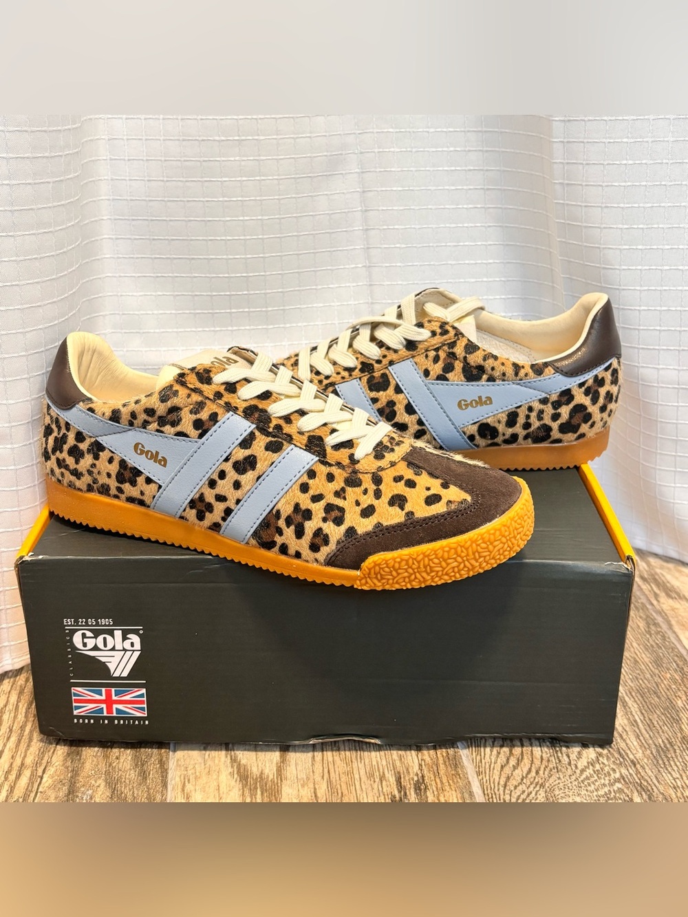 Gola Elan Safari Sneakers Shoes Leopard Dark Brown Blue Stripes Womens 8.5